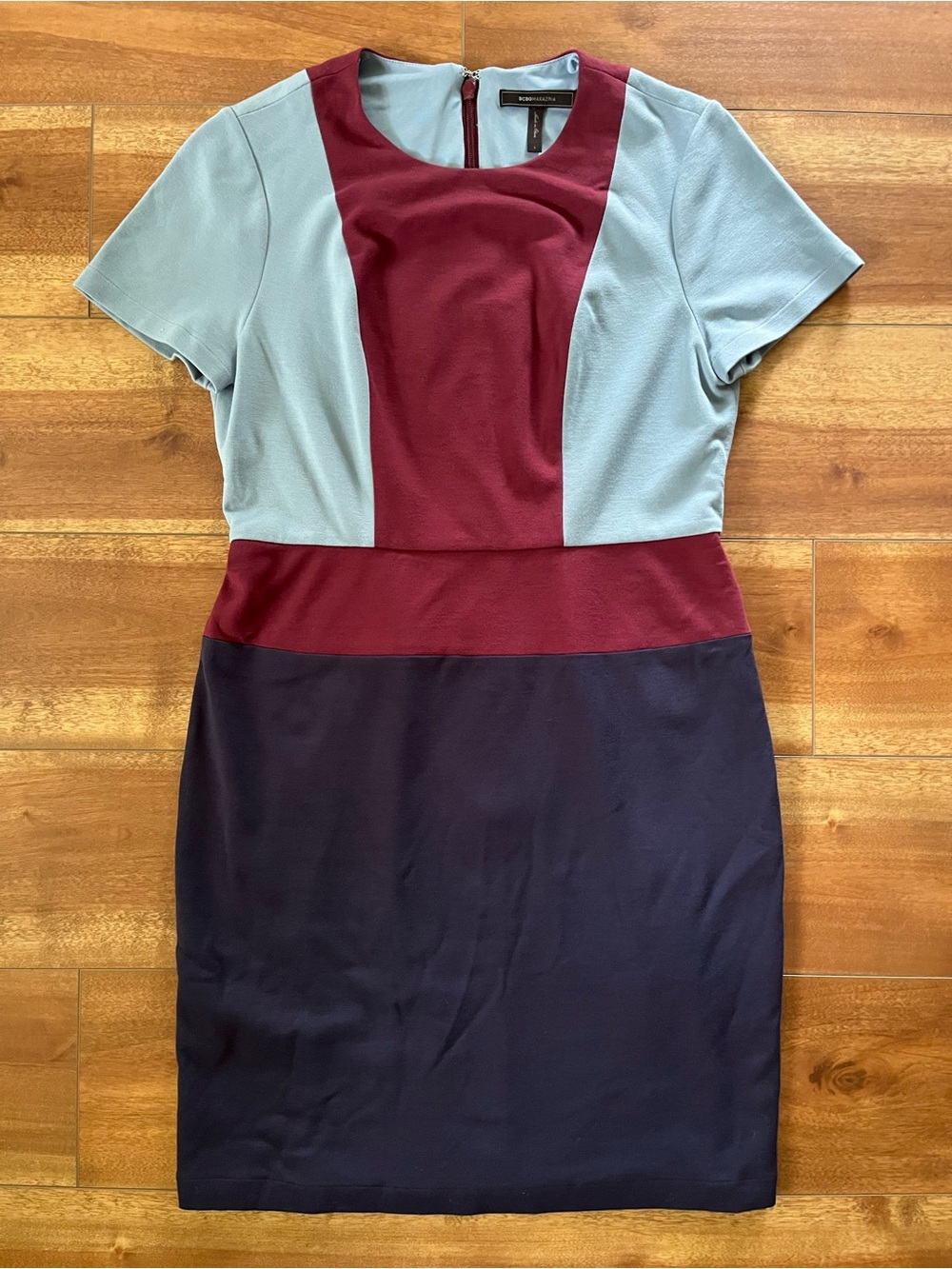 BCBG MAXAZRIA Colorblock Dress in Light Blue, Burgundy & Navy